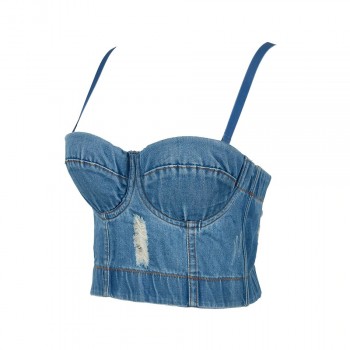 CIEMIILI New Arrival Blue Evening Party Tops Sleeveless Noble Summer Tops for Women 2020 Adjustable Bra Sexy Jean Crop Top